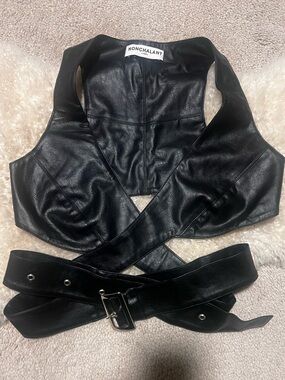 NONchalant Black Faux Leather Wrap Crop Top with Belt